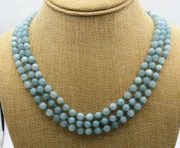Chains Charming Natural 3 Rows 6mm Aquamarine Beads GEMSTONE Necklace 17-19 "