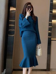 Work Dresses Sets For Women 2 Pieces Autumn Winter 2023 In Solid Colour Bat Sleeve Sweater Pullover Bag Hip Fishtail Skirt Leisure Suit