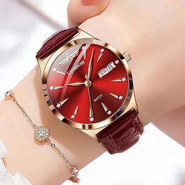 Wristwatches LANMSOM Fashion Quartz Watch For Women Red Leather Waterproof Week Date Classic Womens Watches Top Montre Femme