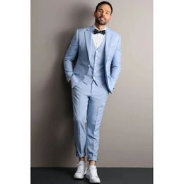 Sky Blue Blazer Men Suits Formal Occasion Single Breasted Notched Lapel Tailor Made Flat Male 3 Piece Jacket Pants Vest 2023 231220