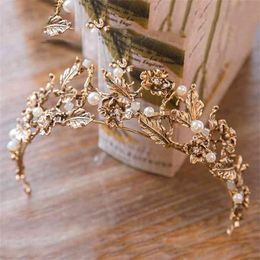 Vintage Baroque Gold Pearl Leaf Bridal Tiara Crystal Crown Hairband Headpiece Vine Wedding Hair Accessories Bride Headband 210701228G