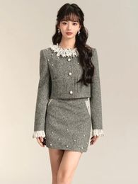 Work Dresses Spring Clothes For Women Woollen Two Piece Sets Luxury Lace Trim Beaded Jacket Skirt Sweet 2 Outfits