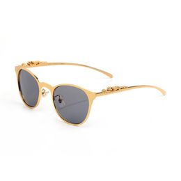 Designer Sunglasses Women Metal Leopard Head Logo Golden Silver Round frame Modern fashion retro Cat eye luxury glasses Brown blac304S