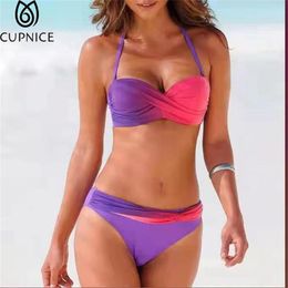 Wear Bandeau Bikini Sets Women Polyester Twist Mid Waist Swimsuit Split Hard Bag Halter Colour Gradient Swimwear