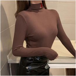 Womens Sweaters Woman Wool Blouse Shirts Knit Tees Shirt High Neck Budge Collar Sweater Short Style Lady Slim Fit Jumpers Sweatshirt S Dhz8W