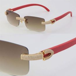 New Micro-paved Diamond Rimless Wooden Sunglasses Original Red Wood Glasses Male and Female 18K Gold C Decoration Luxury Rocks Fra241k