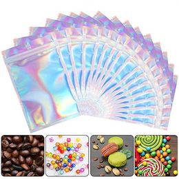 100 pieces Resealable Mylar Bags Holographic Color Multiple Size Smell Proof Clear Zip Lock Food Candy Kugjh