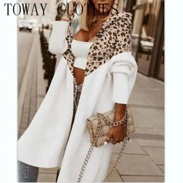 Fur Leopard Print Colorblock Longline Hooded Cardigan Long Sleeve Open Front Knitted Outwear Leopard Print Colorblock Longline Hoode