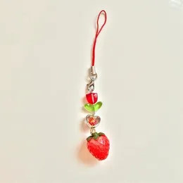 Keychains Red Strawberry Heart Tulip Glass Phone Charm Keychain Coquette Chain Cottage Core Y2k Handmade Beaded