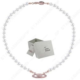 Vintage Trendy Style Designer Saturn Necklaces Pearl Beaded Diamond Tennis Necklace Woman Silver Chains with Box215S