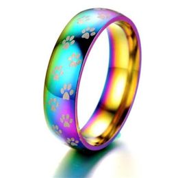 Colourful Rainbow Small Paw Print Finger Ring for Couple Promise Engagement 6mm Lover's Wedding Rings Lesbian Gay Jewelry206x