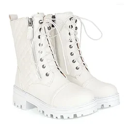 Boots Square Pattern Side Zipper Platform Women's Cross Strap Round Head Autumn And Winter Style Street Student Ankle