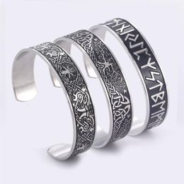 Teamer Stainless Steel Nordic Viking Runes Bangle Wicca Amulet Vintage Tree of Life Cuff Bracelet Jewelry Gift for Men Women196g