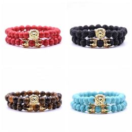 2Pc Set Animal King Lion Head Red Turquoise Bangle Natural Stone Crown Couple Bracelet Sets For Men Hand Jewellery Accessories Men W3151