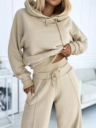 Fashion Splicing Hooded Sweater Set Women Autumn Winter Solid Casual Long Sleeve Hoodies Wide Leg Pants Two Pieces Sets 231220