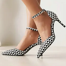 Sandals Black White Contrast Color Geometric Checker Design Pointed Toe Woman Pumps Dress Party Thin High Heels Checked Stiletto