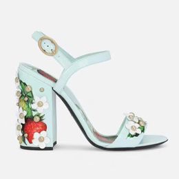 2024 Women Ladies Genuine Patent Sandals Dress Shoes 10CM Chuckly High Heels Peep-toe Wedding Party Print Buckle Strap Diamond Bohemia 3D Flower Rivets Size