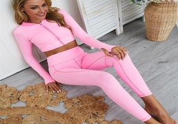 Women Yoga Set Sportswear Zipper Top Leggings Gym Running Sport Suit Sex Fitness Long Clothes Tracksuit DropZF279 Y2009046031907