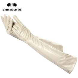 Fashion beige long leather gloves high-grade long leather gloves women winter genuine sheepskin women's long gloves - CSD2-50CM 231221