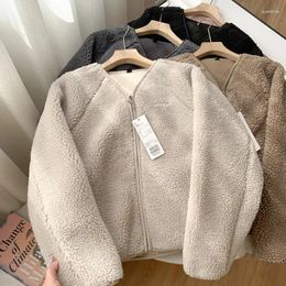 Women's Jackets Casual Korean Style Fall Winter Polar Fleece Solid Colour V-Neck Simple Zipper All-Matched Office Lady Coat