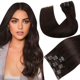 Human Hair Clip in Hair Extensions, Dark Brown 120g Double Weft Clip on Hair Extensions Straight Remy Hair
