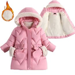 2-8 Years Warm Winter Girls Jacket Fur Collar Removable Hat Plush Lining Heavy Hooded Kids Coat Children Outerwear Send Gloves 231221