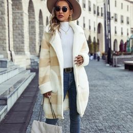 Women's Trench Coats Chequered Print Suit Collar Single Breasted Plush Long Coat Autumn And Winter