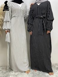 Ethnic Clothing Ramadan Abayas For Muslim Women Casual Black And White Stripe Maxi Dress Turkey Arab Robe Dubai Islam Kimono Caftan Party