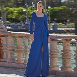 Simple Royal Blue Evening Pageant Dress 2024 Square Neck Long Sleeves Silt Satin A-line Prom Formal Gowns Vestidos De Longo Robe De Soiree Custom Made