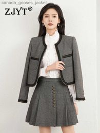 Two Piece Dress ZJYT Elegant Office Lady Dress Sets Two Piece for Women 2023 Autumn Winter Woollen Jacket and Mini Skirt Suit Vintage Grey Outfit L231221