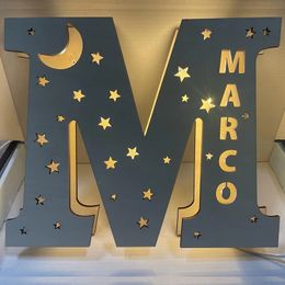 Customised Wall Decor LED Night Light 24 Letters with Name Stars Moon Bedroom Decor Baby Wooden Sign Lamp Christmas Kids Gifts 231221