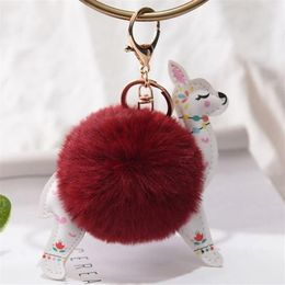 Cute Alpaca Hair Ball Floral PU Key Ring Pendant Plush Toy Key Ring Ladies Car Keychain Christmas Birthday Gift280M