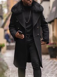 Winter Men Woolen Coat Faux Fur Collar Long Sleeve High Street Overcoat Lapel Collar Solid Vintage Single Breasted Outerwear 231220