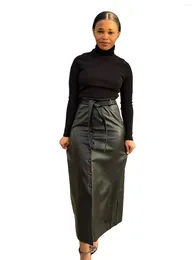 Skirts Black PU Leather High Waist OL Pencil Vintage Grunge Women's Streetwear Button Up Split Bodycon Midi Skirt With Belt