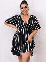 Dresses Womens Plus Size Dresses Midi Length 2022 Fashion Summer V Neck Short Sleeve White and Black Striped Print Casual Dress