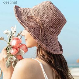 Wide Brim Hats Bucket Hats New Ladies Sun Hat For Women Bowknot Raffia Straw Hat Foldable Summer Hat Wide Brim Beach Hat Female Chapeau FemmeL231221