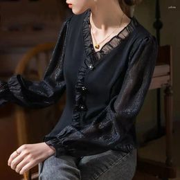 Women's Blouses Elegant V-Neck Slim Shirt Female Clothing Solid Colour Spring Autumn Long Sleeve Office Lady Stylish Ruffles Bright Silk