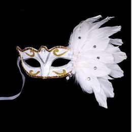 Venetian Masquerade Mask on Stick Mardi Gras Costume Eyemask Printing Halloween Carnival Hand Held Stick Feathers Party Mask310F