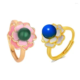 Cluster Rings Gold Colour Camellia Jade Adjustable For Women Ethnic Vintage Enamel Fired Luxury Opening Jewellery