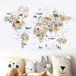 Large World Map Wall Stickers Cartoon Animals Wildlife Watercolour Kids Vinyl Nursery Art Decals for Babys Girls Room Home Decor 231221