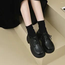 Dress Shoes 2023 Spring And Autumn Women's Casual Fashion PU Solid Color Loafers Mid Heel Round Toe Lace Up Low Top For Women