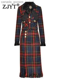 Two Piece Dress ZJYT Autumn Winter Plaid Tweed Woollen Dress Sets Two Piece for Women Outfit Elegant Vintage Bow Jacket Skirt Suit Office Party L231221