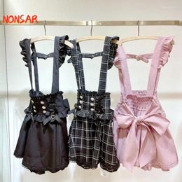 Casual Dresses Japan Style Retro Lolita Suspender Dress Summer Female Plaid Sleeveless Ruffles Bow Bandage Slim JSK Sweet Kawaii