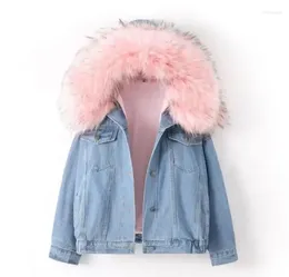 Women's Trench Coats Big Faux Fur Collar Denim Jacket Women Winter Hooded Warm Jean Student Basic Short Parkas Female Bomber Coat