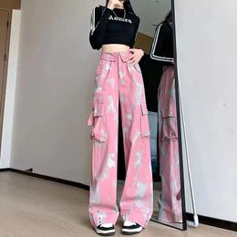 Women's Pants Personality Westernised Pink Camouflage Workwear Button Pocket Zippers Cuffed High Waist Drape Straight Leg Wide Jeans
