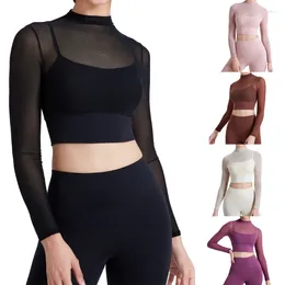 Active Shirts Women's Sexy Long Sleeve Crop Tops Sheer Mesh Double Lined Fitted T Shirt Casual Workout Gym Yoga Blouse
