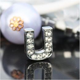 50pcs lot 10mm U Full Rhinestones Bling Slide Letter DIY Alloy Charms Fit For 10MM wristband bracelet 0032181E