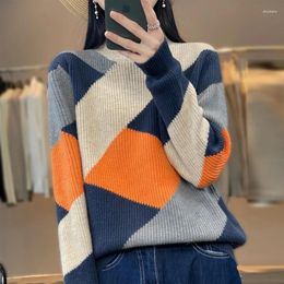 Women's Sweaters Women Wool Warm Soft Sweater Half-high Collar Thickened Pullover Autumn Winter Casual Knitted Diamond Colour Block Top