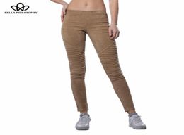 Bella Philosophy 2018 autumn winter faux suede leggings fold high waist retro elastic stretchy slim women pencil pants plus size S1574307