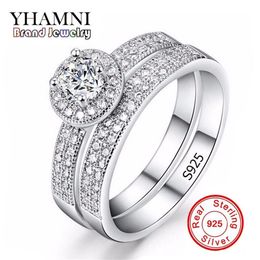 YHAMNI Original Pure Silver Engagement Rings Set Round White Blue CZ Diamond Wedding Rings Set for Women KENR042297h